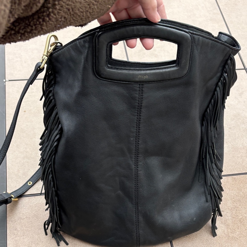 Maje Ladies Black Leather Fringe with Top Handle/Cross Body Bag - Picture 8 of 12